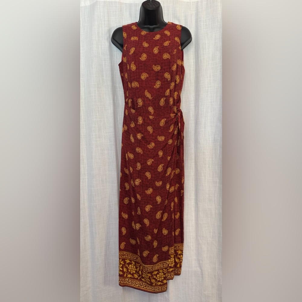 Burgundy and Gold Paisley Silk Maxi Dress